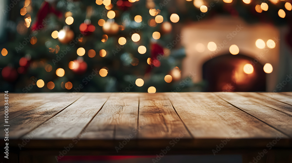 Poster empty wood table with christmas tree in the background copy space