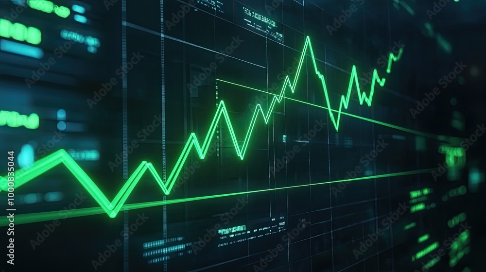 Poster a trading interface showing a green arrow pushing upward past a trendline, with clear technical indi