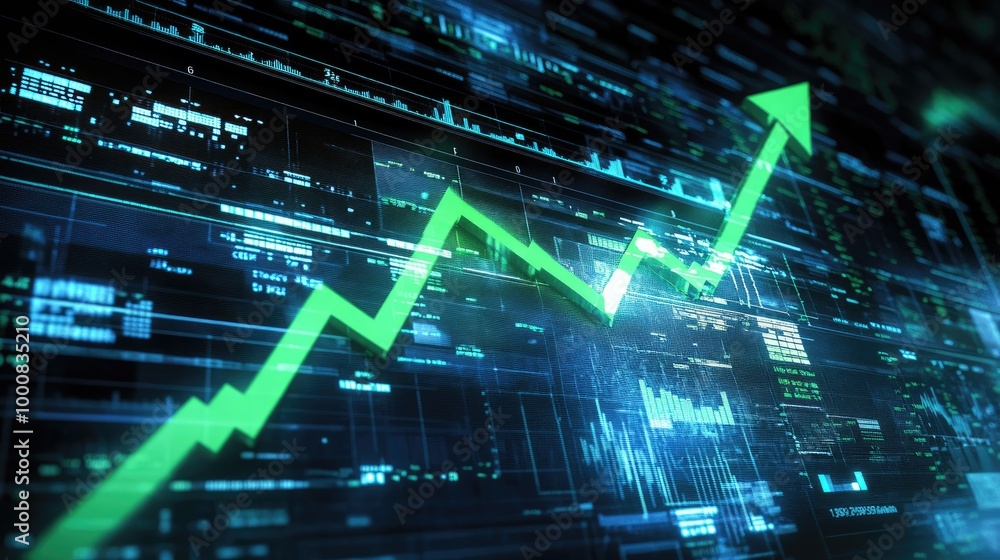 Poster a trading screen filled with technical analysis tools and an upward green arrow cutting through resi
