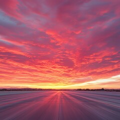 A stunning sunset fills the sky with vibrant pink and orange hues, casting a warm glow over a reflective runway.
