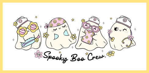 Cute Ghost Halloween Nurse Boo Crew banner Pastel medical nurse life collection doodle idea for  T Shirt Sublimation Design