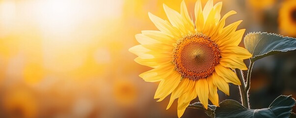 Fototapeta premium A vibrant sunflower stands tall against a warm, glowing background, radiating beauty and optimism in the sunlight.