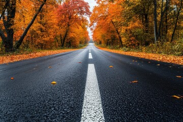 Fototapeta premium A two-lane asphalt highway lined with autumn trees, their orange and red leaves contrasting with the smooth black road.