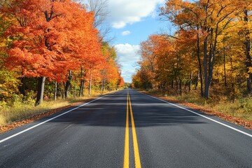 Obraz premium A two-lane asphalt highway lined with autumn trees, their orange and red leaves contrasting with the smooth black road.
