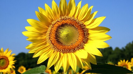 Fototapeta premium A single sunflower in full bloom with a blue sky background.