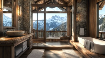 A rustic mountain lodge bathroom, featuring wooden floors, a stone sink, and large windows framing views of the snow-capped peaks