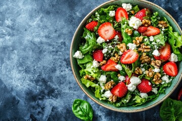 A vibrant salad made with leafy greens, strawberries, nuts, and feta cheese, served in a bowl, representing a healthy mix of nutrients.