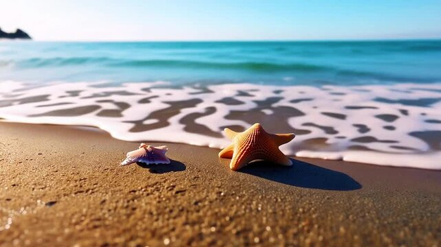 starfish and shells on summer beach in sea water, 4k short video