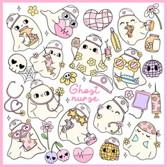 Cute Halloween Ghost Nurse Clipart set Medical tools Cartoon Pastel Spooky Doodle collection