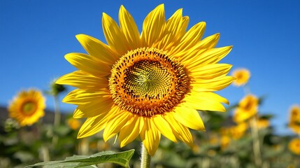 Naklejka premium A single sunflower in a field, facing the camera, with a bright blue sky in the background.