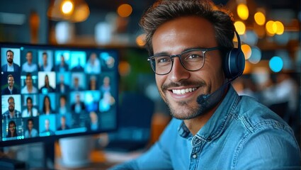 Smiling Man with Headset in Virtual Meeting Environment