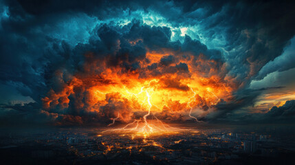 Naklejka premium An electric storm with multiple bolts hitting the ground, illuminating a stormy landscape with intense lightning flashes