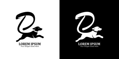 Logo design in the shape of a jumping dog with a tail forming the letter D