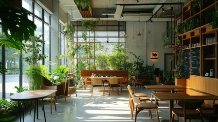 Nature-inspired cafe with brown wooden furniture, lush green plants, and a white backdrop. Glass panels allow natural light to fill the space.