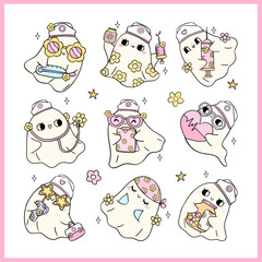 Cute Ghost Halloween Nurse Cartoon Pastel Spooky Doodle idea for T Shirt Sublimation Design