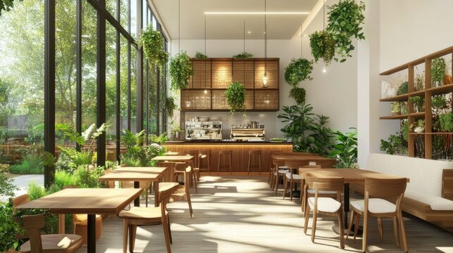 Nature-inspired cafe with brown wooden furniture, lush green plants, and a white backdrop. Glass panels allow natural light to fill the space.