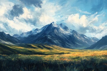 A picturesque mountain range with snow-capped peaks and a valley of green and yellow grasses beneath a cloudy sky.