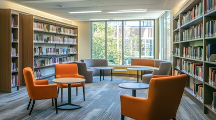 Stylish library with sleek tables, modern chairs, and sectional sofas. Bookshelves fill the walls while natural light floods the reading space.