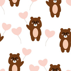 Seamless pattern with cute cartoon brown bears carrying balloons, for fabric prints, textiles, gift wrapping paper. children's flat and colorful style