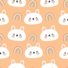 Obraz premium Seamless pattern with cute cartoon white rabbits and rainbows, for fabric prints, textiles, gift wrapping paper. children's flat and colorful style