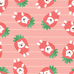 Seamless pattern with cute cartoon white bear wearing strawberry costume, for fabric prints, textiles, gift wrapping paper. children's flat and colorful style