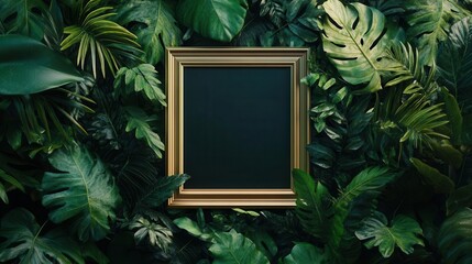 Frame surrounded by lush green tropical leaves.
