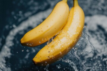 Fresh bananas splashing in water, vibrant yellow color.