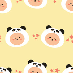 Seamless pattern with cute cartoon bears wearing panda costumes, for fabric prints, textiles, gift wrapping paper. children's flat and colorful style