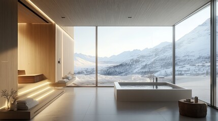 A sleek Scandinavian spa bathroom, featuring a sauna, a minimalist freestanding bathtub, and large windows that frame views of snow-covered mountains