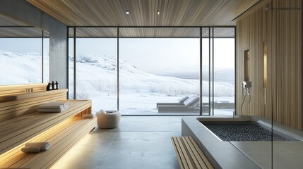 A sleek Scandinavian spa bathroom, with minimalist fixtures, a sauna, and floor-to-ceiling windows framing views of a snow-covered landscape