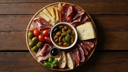 A top-down view of a variety of Italian antipasti