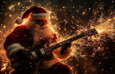 Obraz premium Santa playing an electric guitar, with fireworks in the background