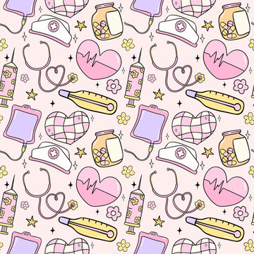 Groovy Retro Nurse Medical tools Seamless pattern Cute Doodle Cartoon repeat background