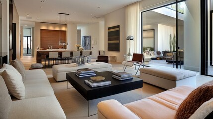 Fototapeta premium Contemporary living room with sleek modern furniture, soft furnishings, and neutral colors, creating a stylish and comfortable space.
