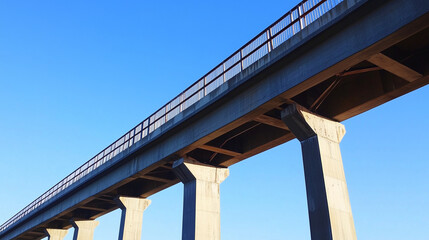 Most uchwycony z niskiego kąta, tworzy dynamiczną kompozycję z czystym niebem w tle.