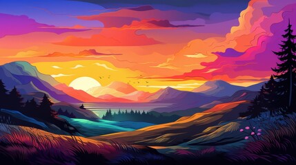 A Vibrant Sunset Over a Mountain Range with Silhouetted Trees