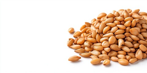 Fototapeta premium A high-quality close-up image of a pile of golden sesame seeds scattered on a white background, highlighting their texture and shape, perfect for food, health, and organic ingredient themes