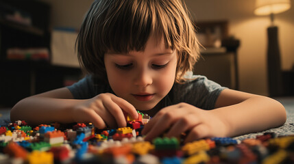Fototapeta na wymiar Dziecko bawi się klockami starannie budując swoją wymarzoną konstrukcję.