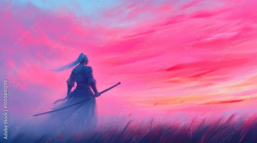 Poster a man with a sword is standing in a field with a pink sky in the background