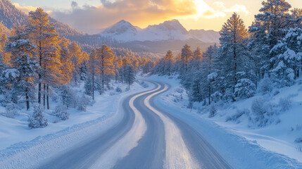 A road meandering through snow-covered mountains in winter, with frosty trees, icy peaks, and the soft glow of winter light creating a peaceful yet cold mountain scene