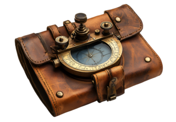 a brown leather case with a compass

