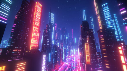 Fototapeta premium Futurystyczne miasto w którym neonowe światła pulsują w nocy, tworząc hipnotyzującą atmosferę. 