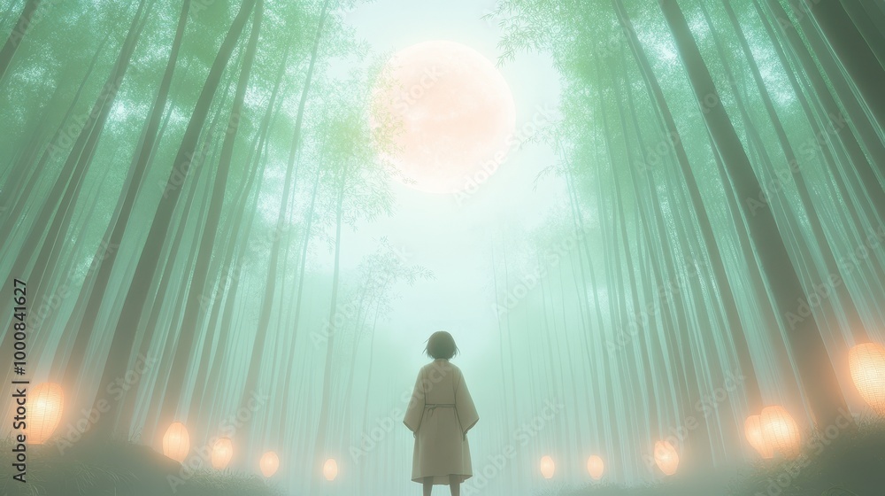 Poster a person stands in a forest with a large glowing moon in the background
