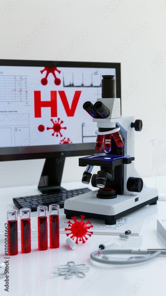 Poster A microscope with a computer monitor behind it