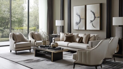 Elegant living room with sophisticated furniture, luxurious decor accents, and a neutral color palette, creating a refined and inviting atmosphere