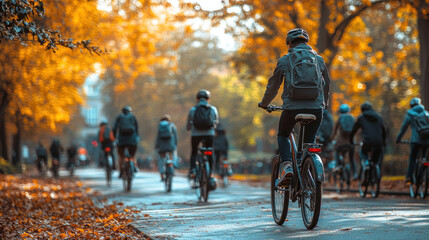 Students commuting to university using eco-friendly transport, such as bicycles and electric scooters, promoting sustainability and green living on a modern, lively campus