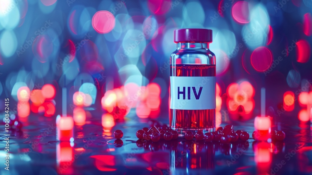 Poster A bottle of HIV medication is on a table with a red background