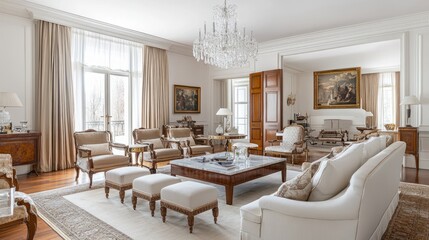 Fototapeta premium Luxurious living room with elegant wooden armchairs, plush ottomans, a marble coffee table, and a stunning crystal chandelier above