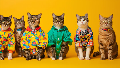 Creative animal concept. Group of cat in funky Wacky wild mismatch colourful outfits isolated on bright background advertisement.