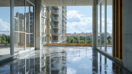 Wet Concrete Floor Being Waterproofed in Outdoor Building Site with Scaffolding in Background